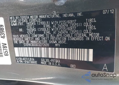 2012 Toyota Sienna Xle V6 8 Passenger from USA, damaged, VIN 5TDYK3DC6CS272699